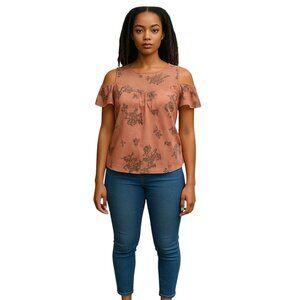 Floral Cold Shoulder Top - Peachy Coral